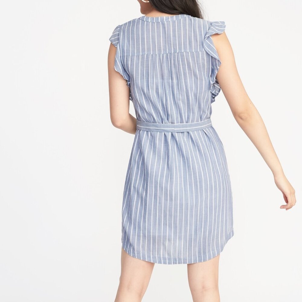 TO RELIST -Old Navy Flutter Sleeve Tie-Belt Shirt Dress - Chambray Stripes, Sz S - Picture 8 of 16